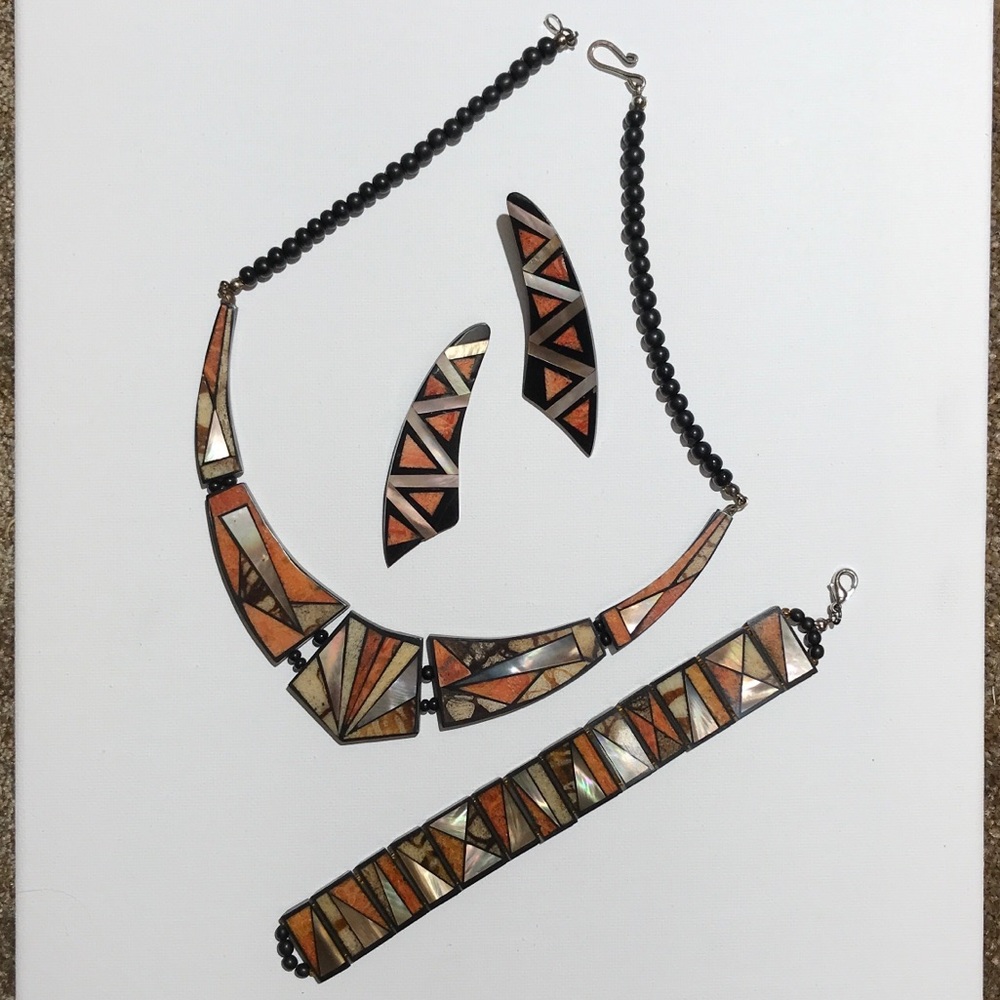 Necklace Earrings Bracelet Set Pearl Orange Black